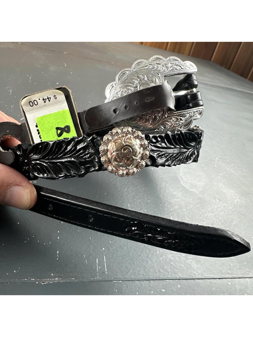 Nocona Belt Women Teen 28 Black Leather Tooled Floral Conch Ribbon NWT